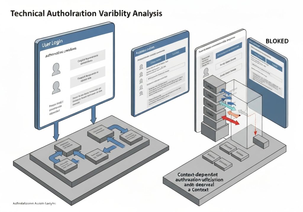 기술적 인증 가변성 분석을 보여주는 3D 아이소메트릭 다이어그램으로, 왼쪽에는 사용자 로그인 화면과 인증 자격 증명 처리 흐름이, 오른쪽에는 컨텍스트 종속 인증 결정 및 평가를 나타내는 계층화된 처리 블록과 차단(BLOCKED) 결과가 표시되어 있습니다