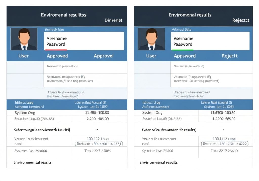 동일한 사용자명과 비밀번호를 사용했음에도 불구하고 왼쪽은 승인(Approved), 오른쪽은 거부(Rejected)된 환경 결과를 비교하는 두 개의 인증 대시보드로, 각각 사용자 프로필, 즉시 데이터, 시스템 로그, 환경 결과 섹션이 포함되어 있습니다