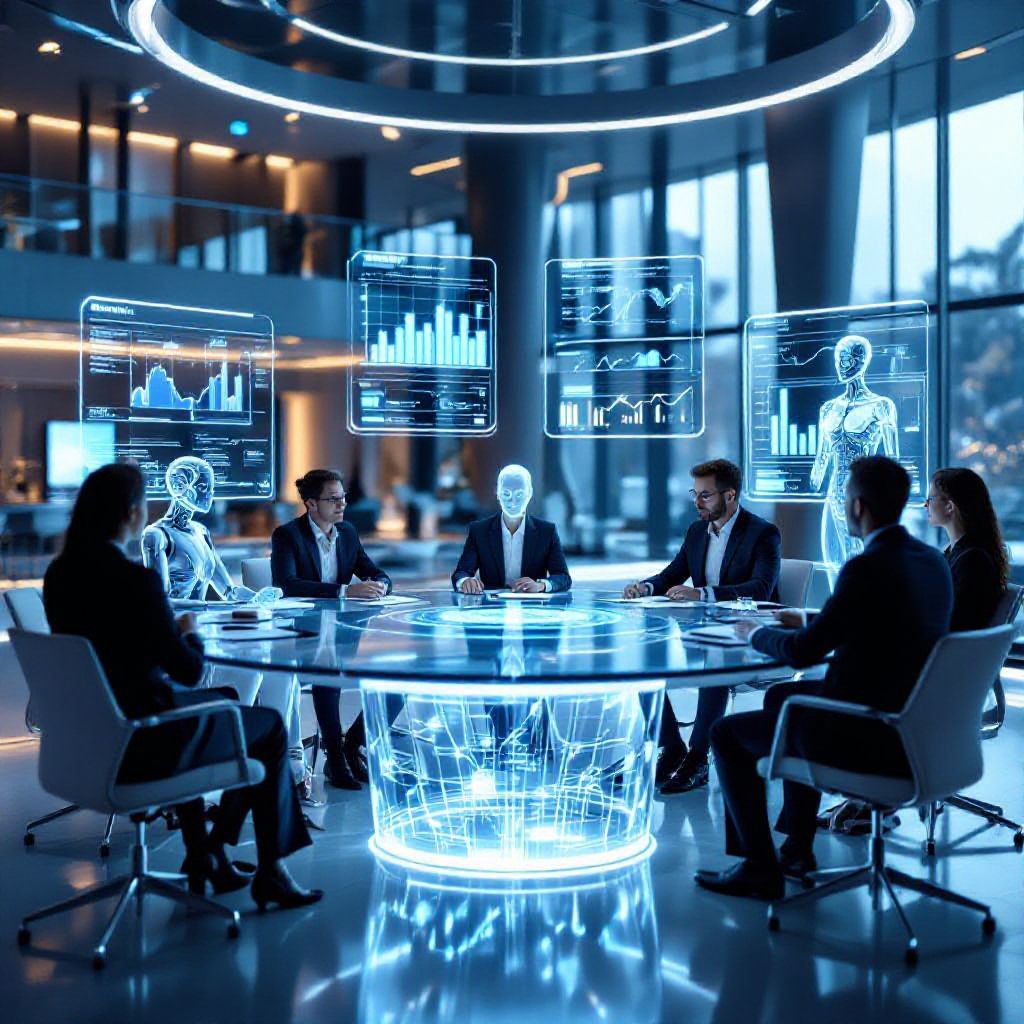 인간과 로봇이 함께 회의 중인 장면. 투명한 데이터 화면이 공중에 떠 있으며, AI 협업 회의의 시각적 메타포로 표현되었다.