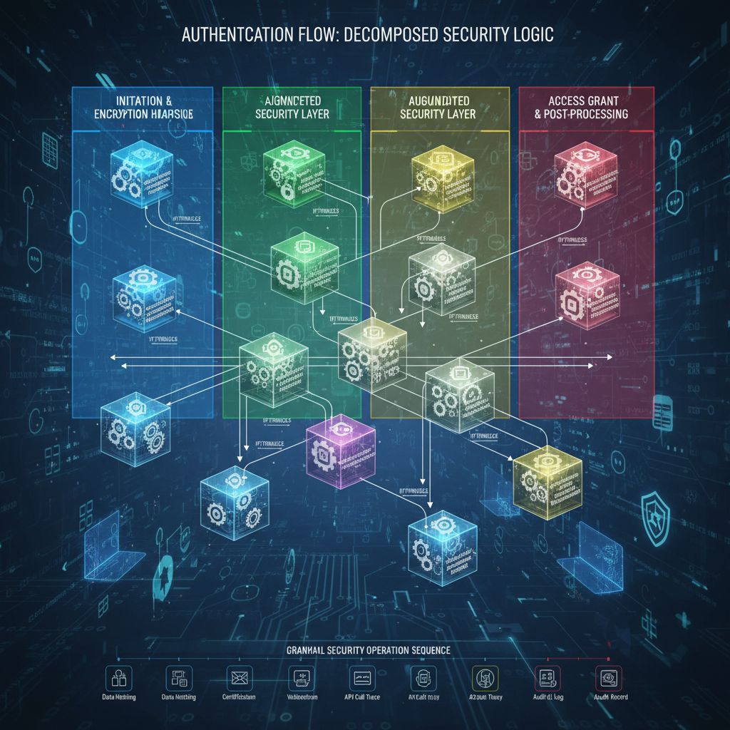 개시 및 암호화 해싱, 증강 보안 계층, 증강 보안 계층, 액세스 허가 및 사후 처리의 네 단계로 나뉜 인증 흐름 분해 보안 로직을 보여주는 다이어그램으로, 각 단계는 색상으로 구분된 상자에 기어가 있는 3D 큐브로 표현되며, 하단에는 데이터 매싱에서 감사 로그까지의 세부 보안 작업 시퀀스가 아이콘으로 표시되어 있습니다