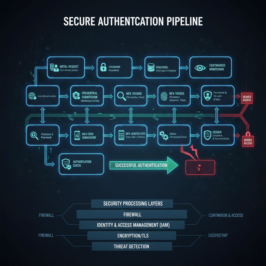 보안 인증 파이프라인을 보여주는 순서도로, 상단에는 초기 요청, 사용자명/비밀번호, 자격 증명, 지속적 모니터링의 세 가지 병렬 경로가 있고, 중간에는 자격 증명 제출, MFA 트리거, MFA 검증, 권한 및 역할을 거쳐 세션 생성 또는 액세스 거부로 이어지는 흐름이 있으며, 하단에는 방화벽, IAM, 암호화/TLS, 위협 탐지를 포함한 보안 처리 계층이 표시되어 있습니다