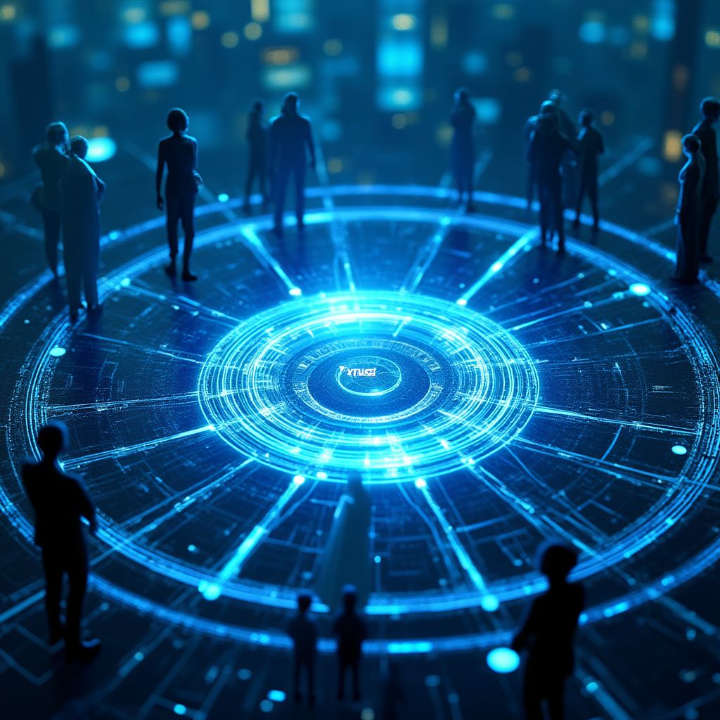 데이터 원형 플랫폼 위에 사람들이 모여 있는 장면. 디지털 연결과 사회적 상호작용의 중심을 표현한 이미지.