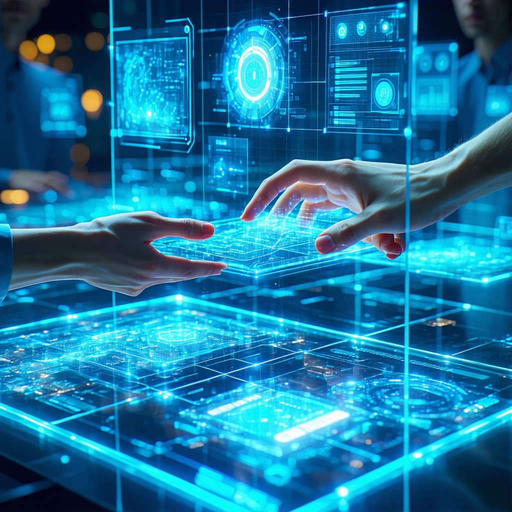 디지털 화면 속에서 두 손이 데이터를 주고받는 장면. 정보 교환과 협력적 네트워크를 표현한 미래형 인터페이스.