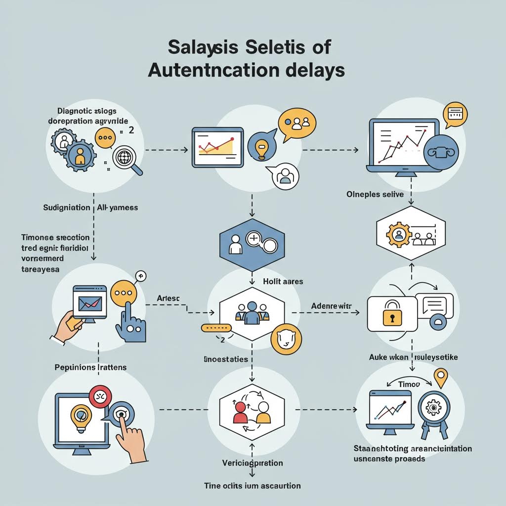 인증 지연의 분석 선택을 보여주는 순서도로, 왼쪽 상단에는 진단 로그 및 권한 확인이, 오른쪽 상단에는 분석 및 보고가, 중앙에는 협업 팀, 하단에는 시간 선택 및 인증 프로세스 단계가 있으며, 각 섹션이 점선 화살표로 연결되어 있고 보안 잠금 및 통신 아이콘이 포함되어 있습니다