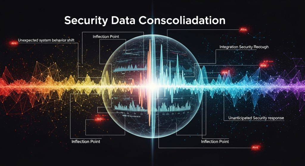 중앙에 지구를 닮은 구체가 있고 예상치 못한 시스템 행동 변화, 변곡점, 통합 보안 재고려, 예상치 못한 보안 응답으로 레이블이 지정된 보안 데이터 통합을 보여주는 시각화로, 빨간색에서 주황색, 청록색, 보라색으로 이어지는 무지개색 파형이 가로질러 흐르고 있으며, 여러 변곡점에 경고 표시가 있습니다