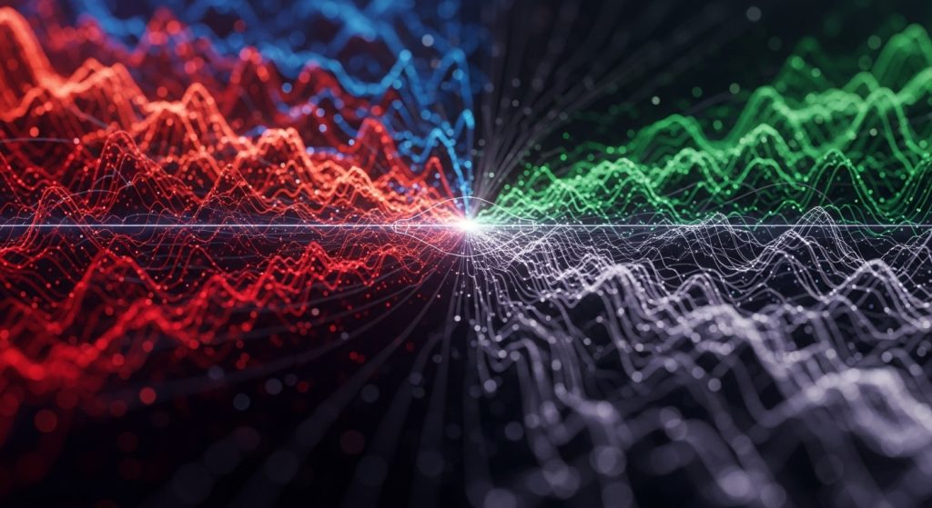 왼쪽에서 빨간색으로 시작하여 중앙에서 파란색으로, 오른쪽에서 녹색으로 전환되는 물결치는 3D 데이터 파동 시각화로, 보안 처리의 동적 흐름과 변동을 나타내며 입자와 빛나는 점이 흩어져 있습니다