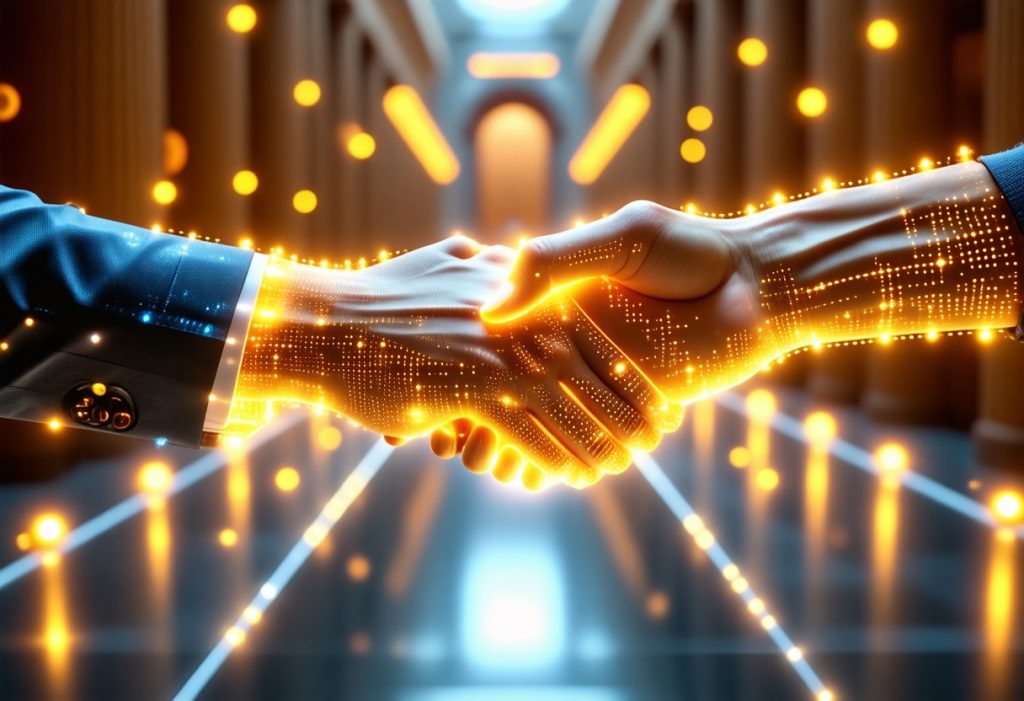 황금빛 빛망 속에서 악수를 나누는 장면. 신뢰 기반의 디지털 협력과 윤리적 파트너십을 상징한다.
