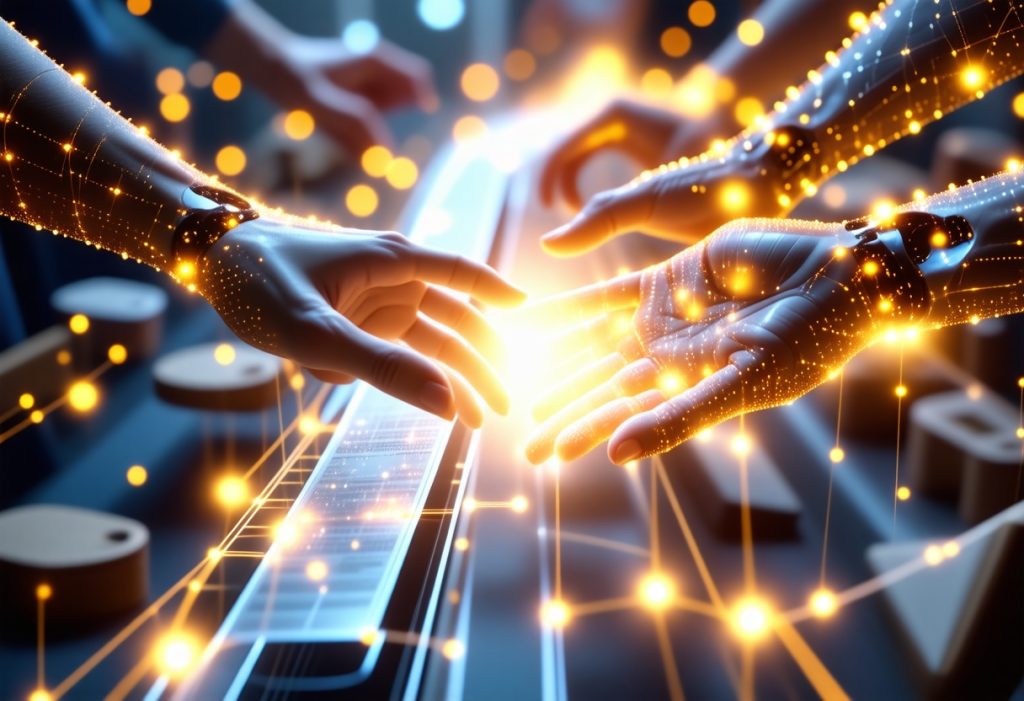 빛으로 연결된 두 손이 맞닿는 장면. 인간과 기술의 감각적 연결, 에너지 교류를 시각화한 이미지.