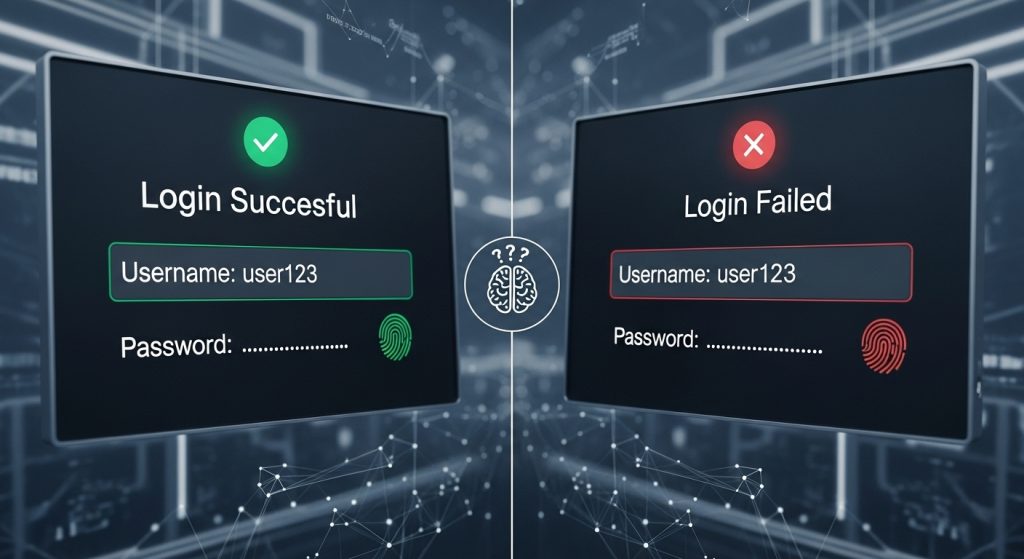 왼쪽에는 녹색 체크 표시가 있는 로그인 성공 화면(Username: user123, 마스킹된 비밀번호, 녹색 지문 아이콘)이, 오른쪽에는 빨간색 X 표시가 있는 로그인 실패 화면(Username: user123, 마스킹된 비밀번호, 빨간색 지문 아이콘)이 있으며, 중앙에는 물음표가 있는 뇌 아이콘이 있고, 배경에는 네트워크 연결이 흐릿하게 표시되어 있습니다