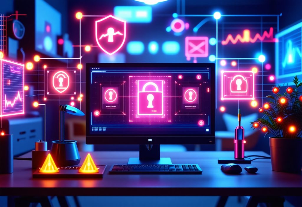 분홍색 자물쇠 아이콘과 보안 심볼이 표시된 모니터가 있는 사이버 보안 작업 공간, 네온 조명과 경고 표시등 배치