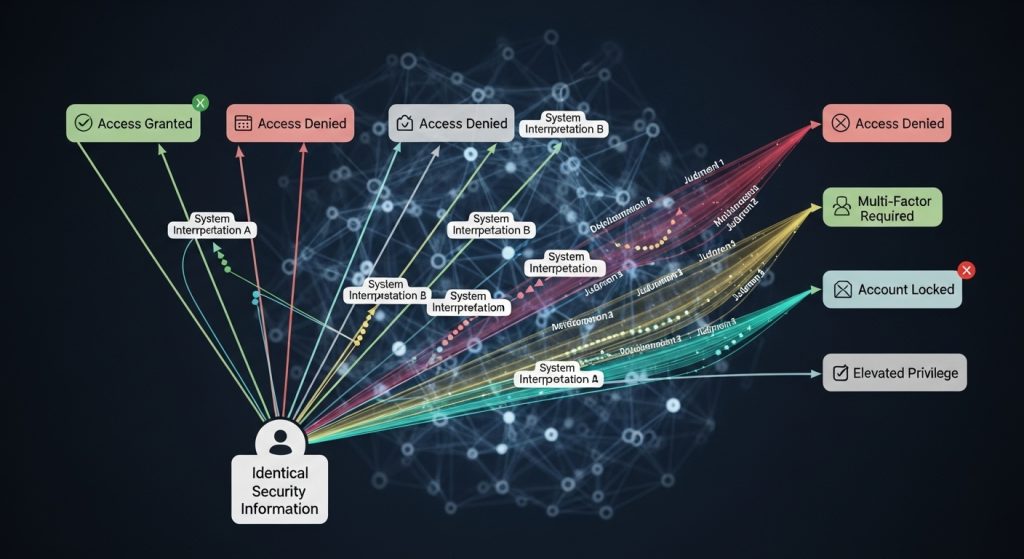 하단 중앙의 동일한 보안 정보에서 시작하여 다양한 시스템 해석(A, B)을 거쳐 액세스 허가, 액세스 거부, 다중 인증 필요, 계정 잠금, 상승된 권한 등 여러 결과로 분기되는 방사형 다이어그램으로, 각 경로는 판단 및 메타포메이션 레이블이 있는 컬러 라인으로 표시되어 있습니다
