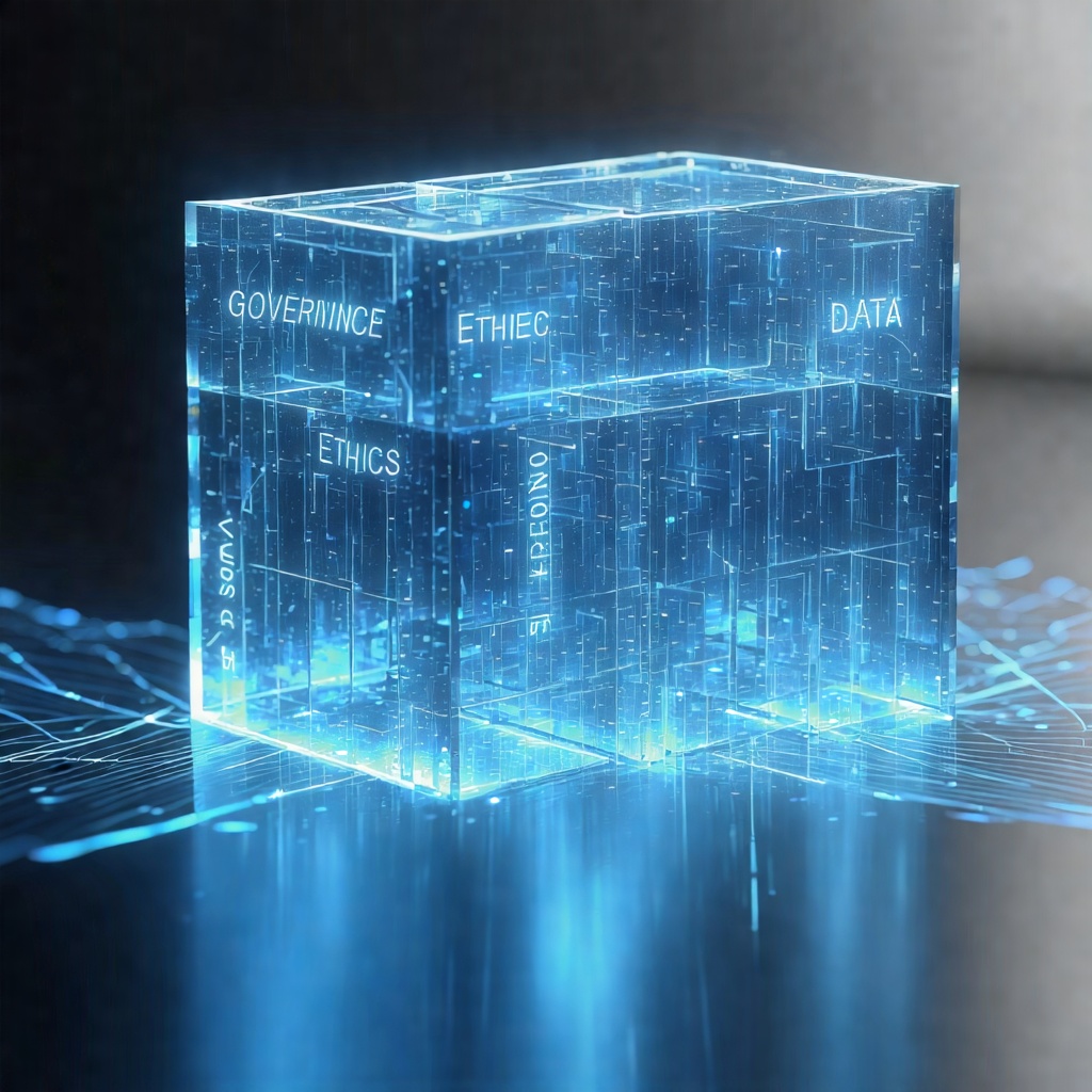 ‘ETHICS’와 ‘DATA’ 등의 단어가 새겨진 푸른빛 큐브 구조. 디지털 윤리와 데이터 거버넌스의 투명성을 시각적으로 표현했다.