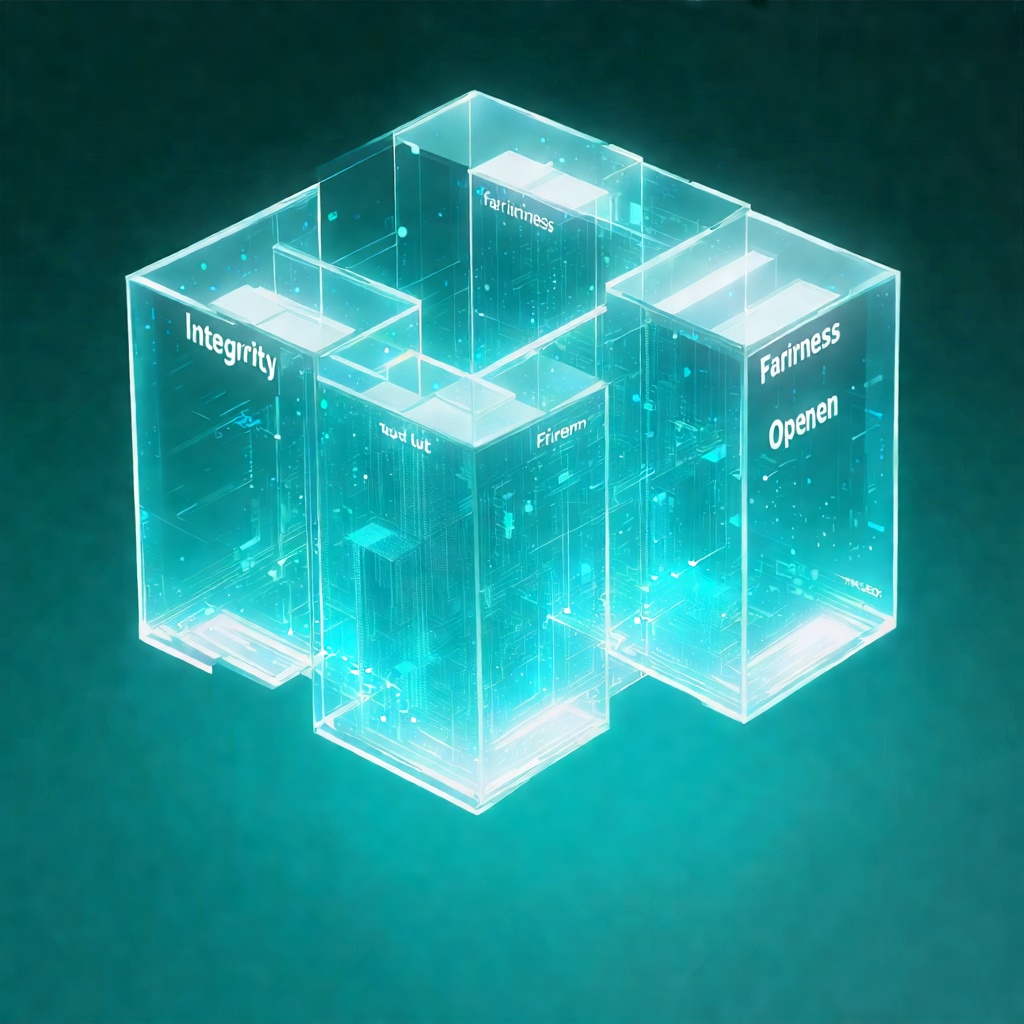 ‘Integrity’, ‘Fairness’, ‘Openness’ 등의 단어가 표시된 빛나는 유리 구조물. 인공지능의 신뢰성과 윤리 원칙을 상징하는 시각적 메타포.