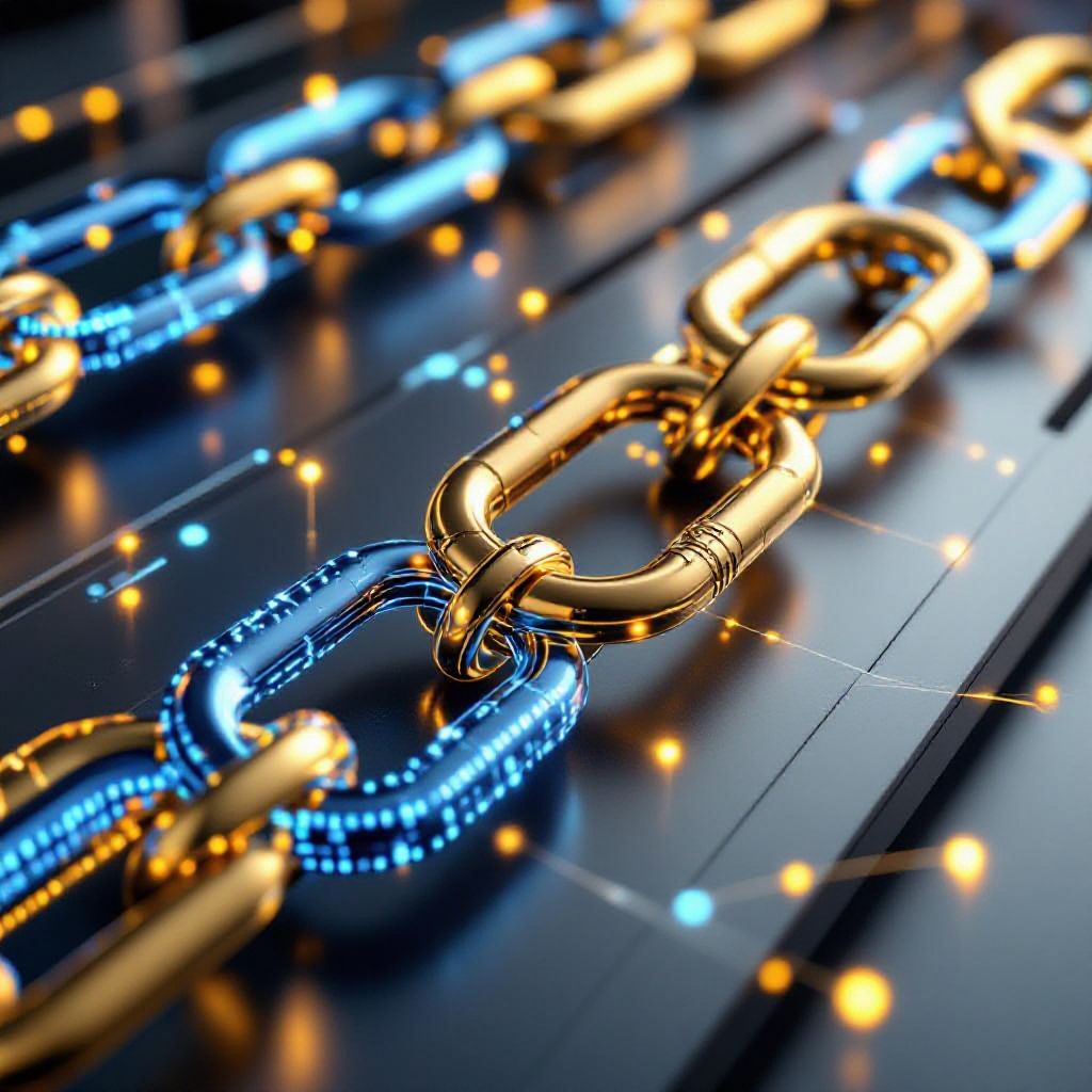 황금색과 파란색 디지털 체인이 연결된 클로즈업 이미지. 블록체인 기술의 신뢰성과 데이터 보안을 상징적으로 표현했다.