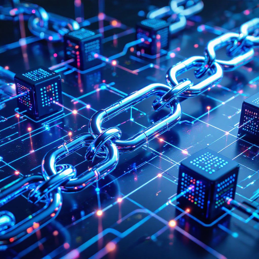 네온빛 전자 회로 위에 놓인 금속 체인. 분산형 데이터 네트워크와 블록체인의 연결 구조를 시각화한 이미지.