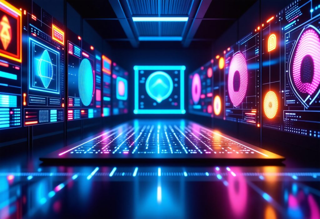 양쪽 벽에 파란색, 분홍색, 주황색 생체 인식 및 보안 디스플레이가 있는 미래형 사이버 보안 복도