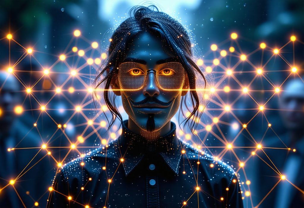 주황색 빛나는 네트워크 선으로 둘러싸인 파란색 디지털 마스크를 쓴 인물, AI와 디지털 정체성을 상징