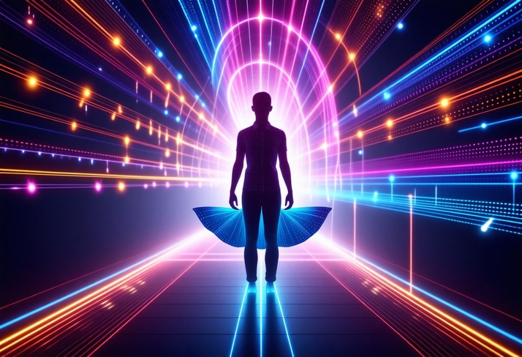 분홍색, 파란색, 주황색 네온 빛 터널 속을 걷는 실루엣 인물, 디지털 날개 효과와 함께 미래형 데이터 공간 표현