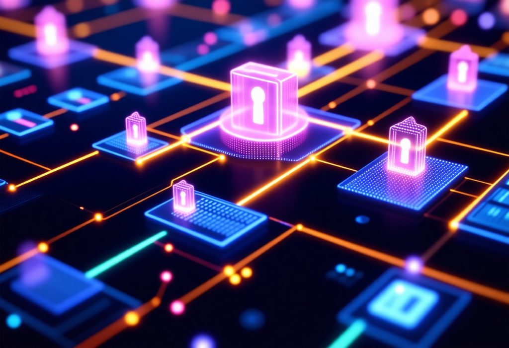 주황색 선으로 연결된 분홍색과 보라색 빛나는 자물쇠 아이콘들이 마이크로칩 플랫폼 위에 있는 사이버 보안 네트워크 인프라