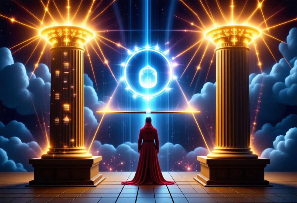 빨간 망토를 입은 사람이 구름 속 두 개의 황금 기둥 사이에서 파란색 빛나는 포털을 바라보는 신비로운 장면