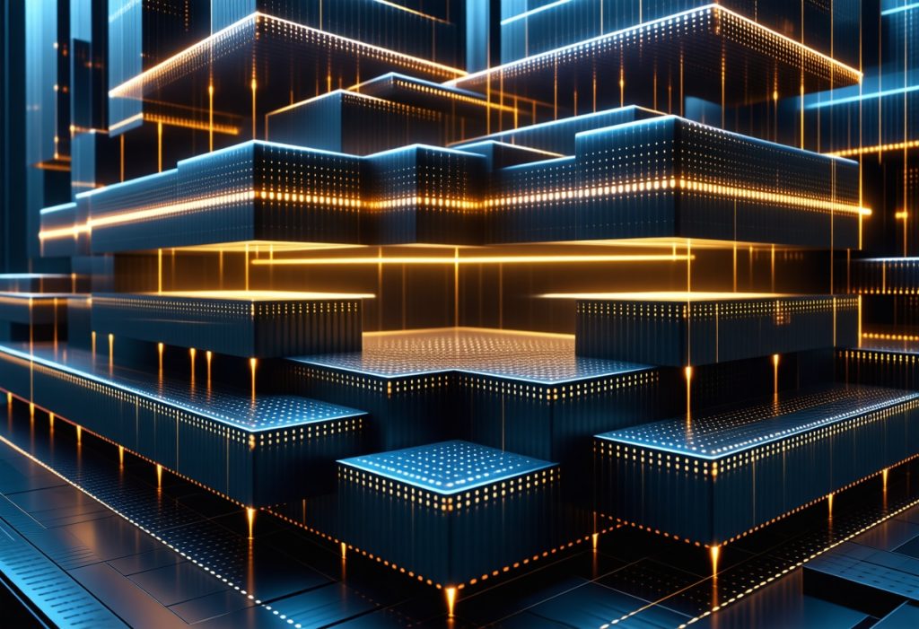 파란색과 주황색 빛이 나는 여러 층의 마이크로칩과 회로 기판이 쌓여있는 고급 반도체 또는 양자 컴퓨팅 하드웨어