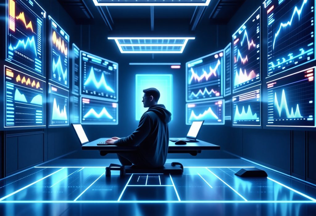 노트북 앞에 앉아 주변의 여러 모니터에 표시된 파란색과 주황색 그래프를 보고 있는 데이터 분석가