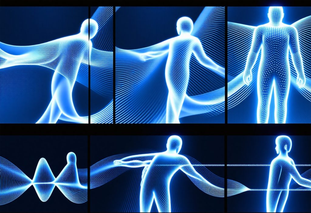파란색 빛으로 이루어진 인체 형상들이 여러 화면에 표시되고 파동으로 연결된 디지털 헬스케어 또는 바이오메트릭 디스플레이