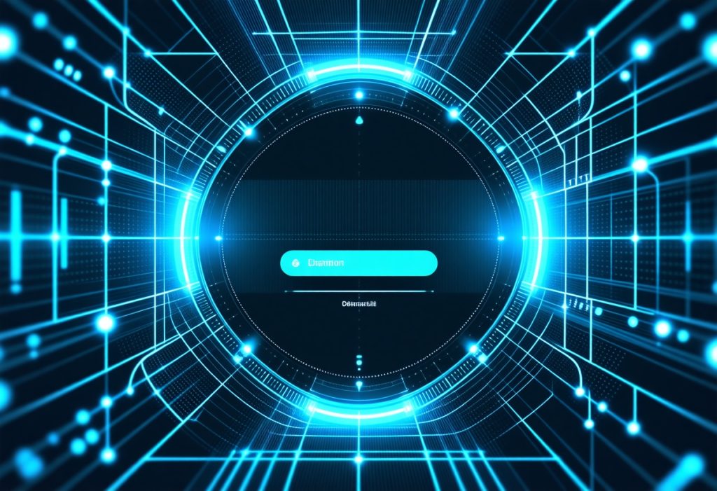 파란색 기하학적 패턴과 중앙의 사용자 이름 입력창이 있는 원형 디지털 로그인 인터페이스