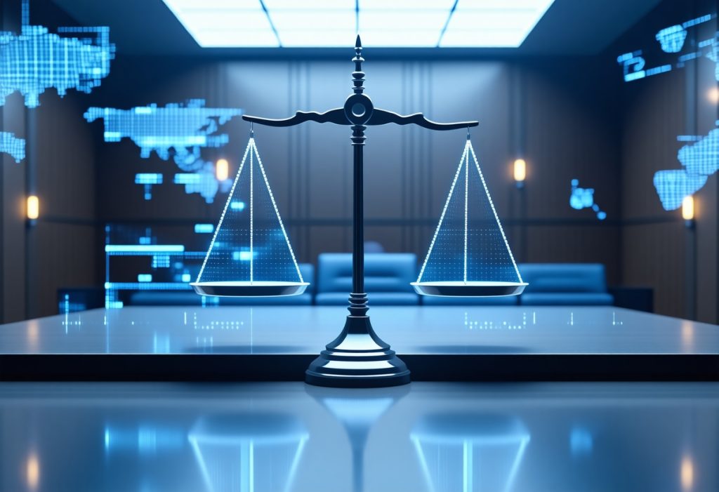 파란색 조명이 켜진 방에서 픽셀 아트 스타일의 저울과 배경의 디지털 세계 지도가 있는 법률 기술 개념 이미지