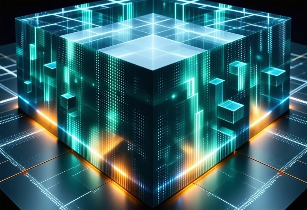 회로 기판 위에 녹색과 주황색 빛이 나는 3D 큐브 구조물과 데이터 스트림을 보여주는 양자 컴퓨팅 개념 이미지