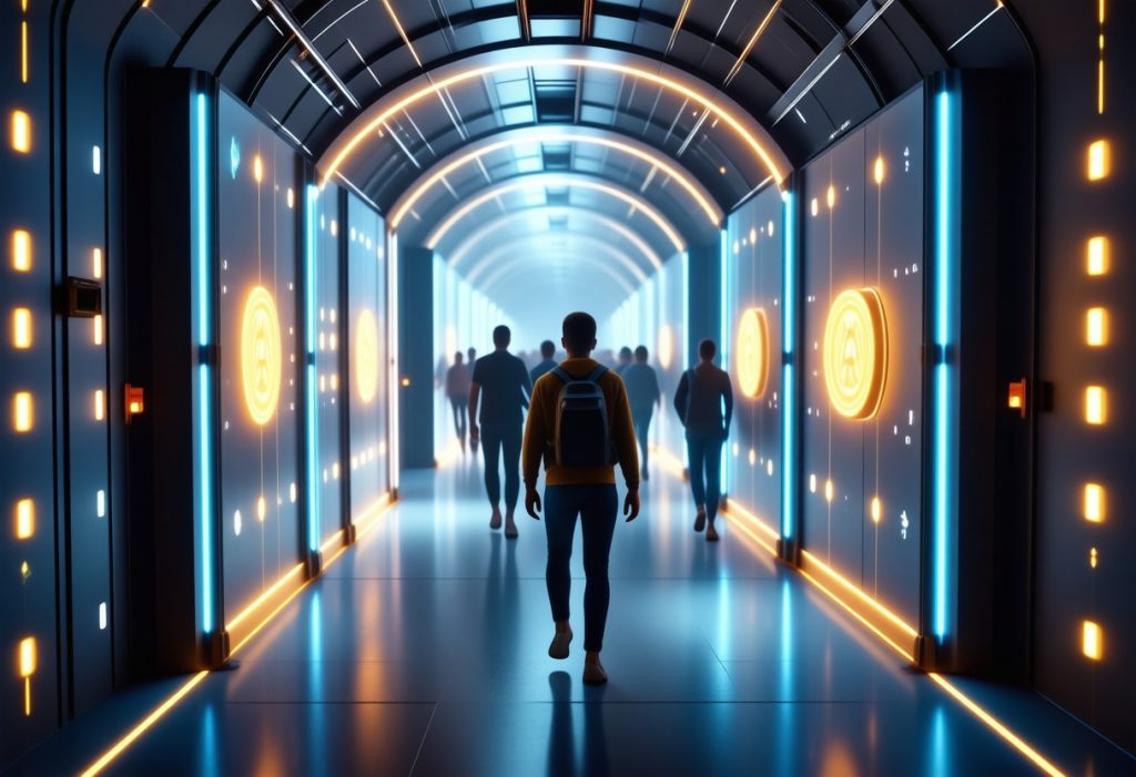 노란색 후드티를 입은 사람이 파란색과 주황색 원형 홀로그램이 있는 미래형 복도를 걸어가는 모습