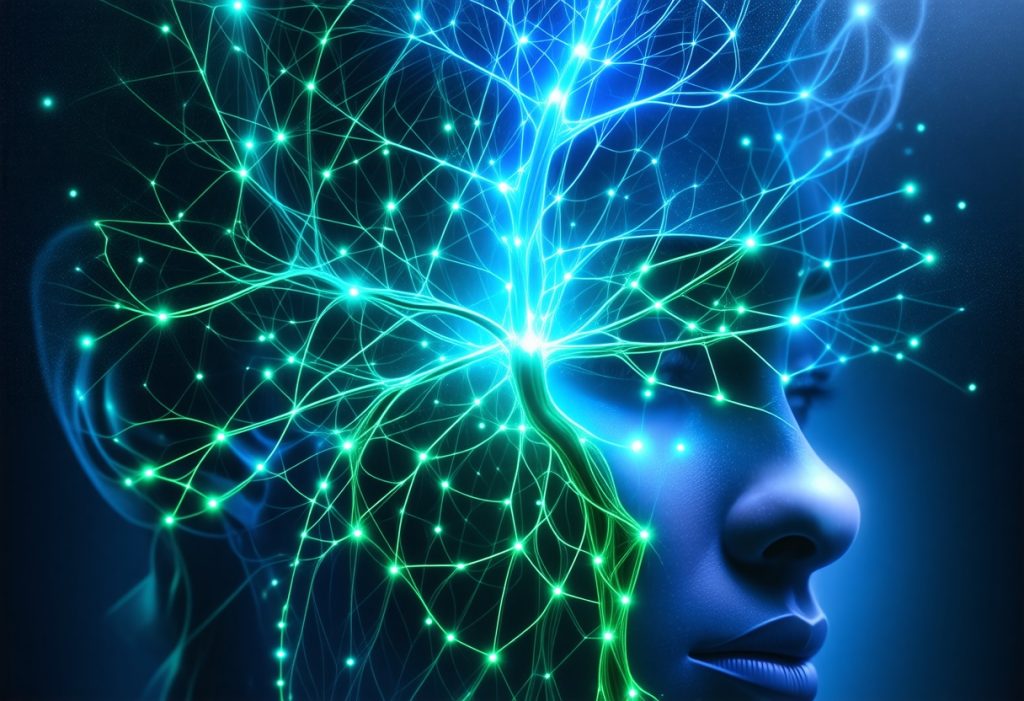 파란색 실루엣 인물의 머리에서 녹색과 파란색 빛나는 신경망이 뻗어나가는 AI와 신경 연결을 표현한 이미지
