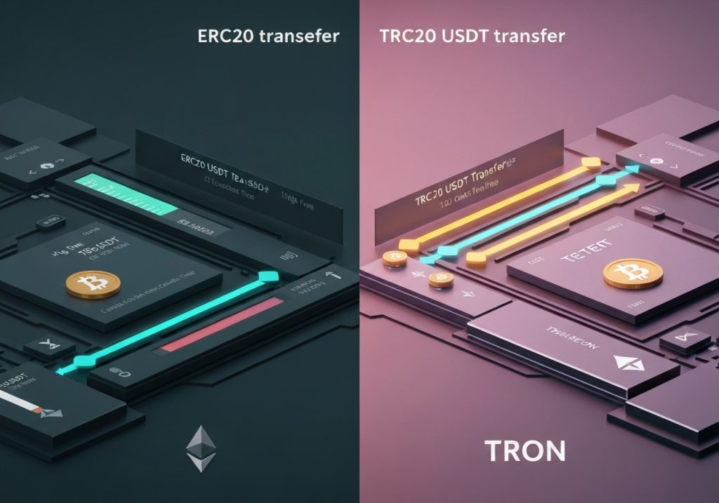 ERC20와 TRC20 USDT 전송 비교 3D 시각화 - 왼쪽은 어두운 이더리움 인터페이스, 오른쪽은 밝은 트론 플랫폼 레이어와 비트코인 심볼