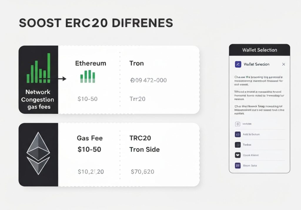 ERC20와 TRC20 차이점 비교 인포그래픽 - 이더리움 네트워크 혼잡과 가스 수수료 $10-50 vs 트론 사이드체인 Trr20 및 지갑 선택 옵션