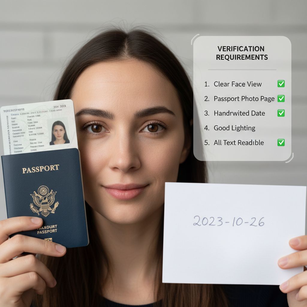 신원 확인 요구사항을 보여주는 여성 - 여권과 손으로 쓴 날짜 2023-10-26을 들고 있으며, 명확한 얼굴, 여권 사진 페이지, 좋은 조명, 읽을 수 있는 텍스트 체크리스트 표시