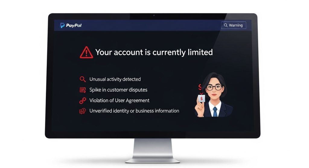 컴퓨터 화면의 PayPal 계정 제한 경고 메시지 - 비정상 활동 감지, 고객 분쟁 급증, 사용자 계약 위반, 미확인 신원 또는 사업자 정보로 인한 제한