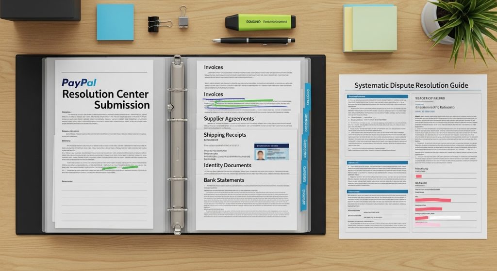 책상 위 바인더와 문서들 - PayPal 분쟁 해결 센터 제출 자료, 송장, 공급업체 계약, 배송 영수증, 신원 문서, 은행 명세서, 체계적인 분쟁 해결 가이드