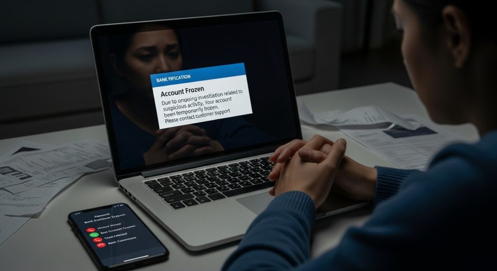 노트북 화면의 은행 계좌 동결 알림 - 의심스러운 활동 조사로 인한 일시적 동결, 고객 지원 연락 요청 메시지, 배경에 불안해하는 사용자와 스마트폰