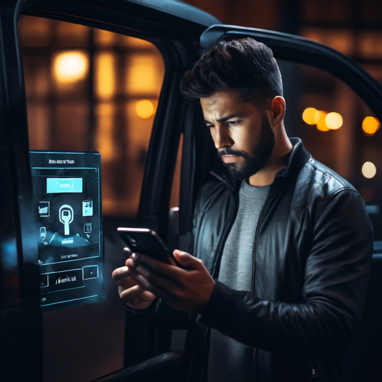 한 남자가 잠긴 차량 옆에 서서 잃어버린 키 알림이 뜬 스마트폰을 내려다보는 모습이다.