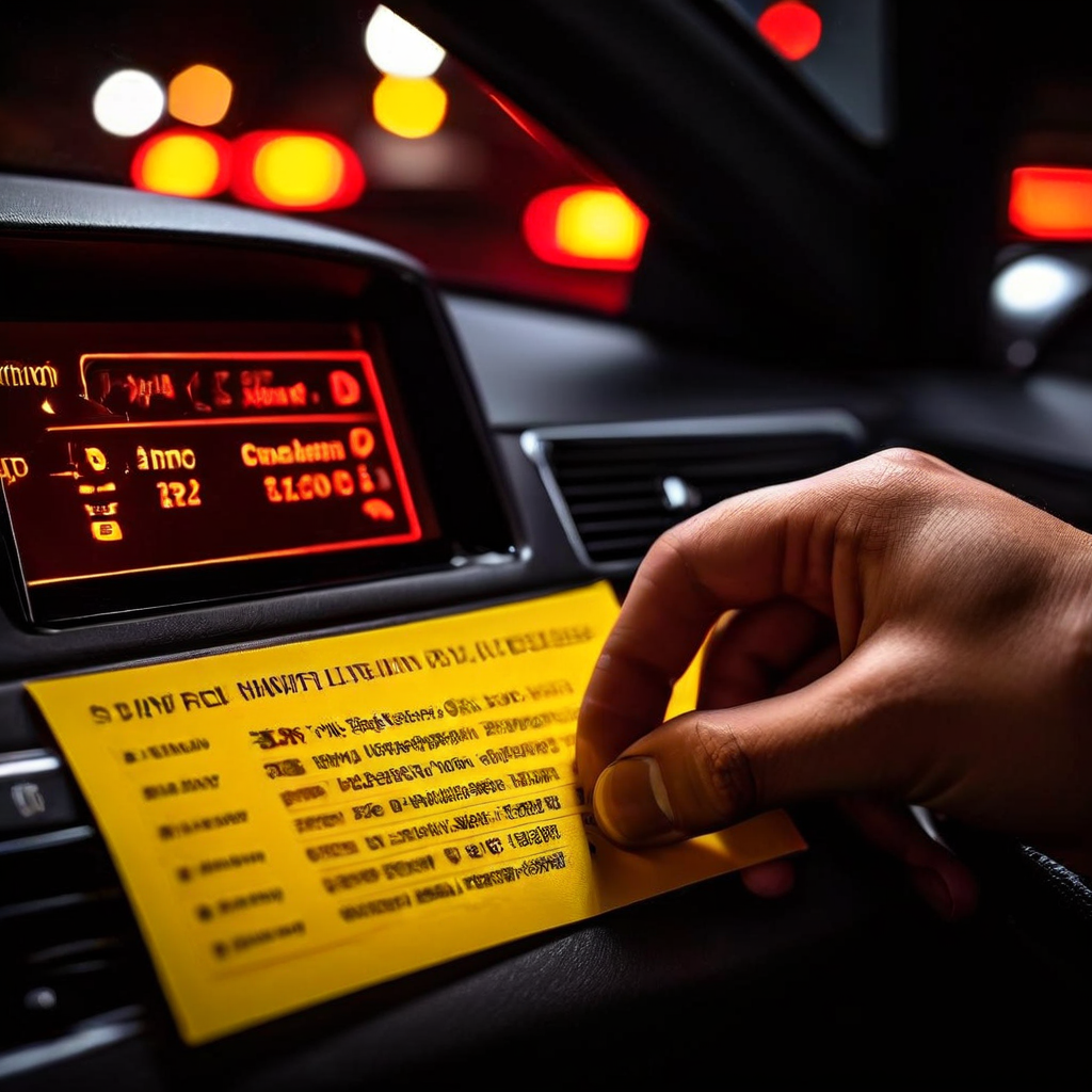 붉은색으로 점등된 차량 경고등과 안전 점검표를 들고 있는 손이 가까이서 보이는 모습이다.