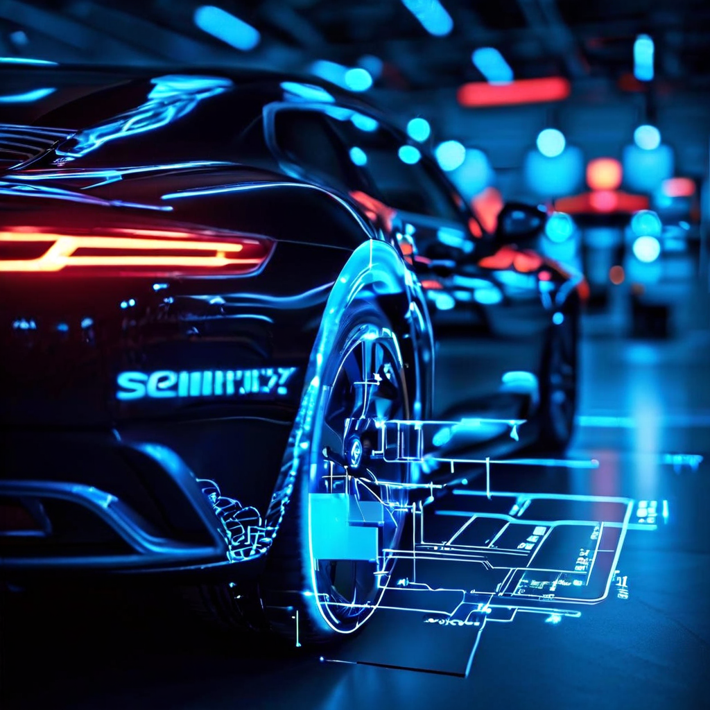 차량 내부 보안 시스템을 나타내는 빛나는 전자 키 아이콘이 복잡한 진단 흐름도 위에 겹쳐진 모습이다.