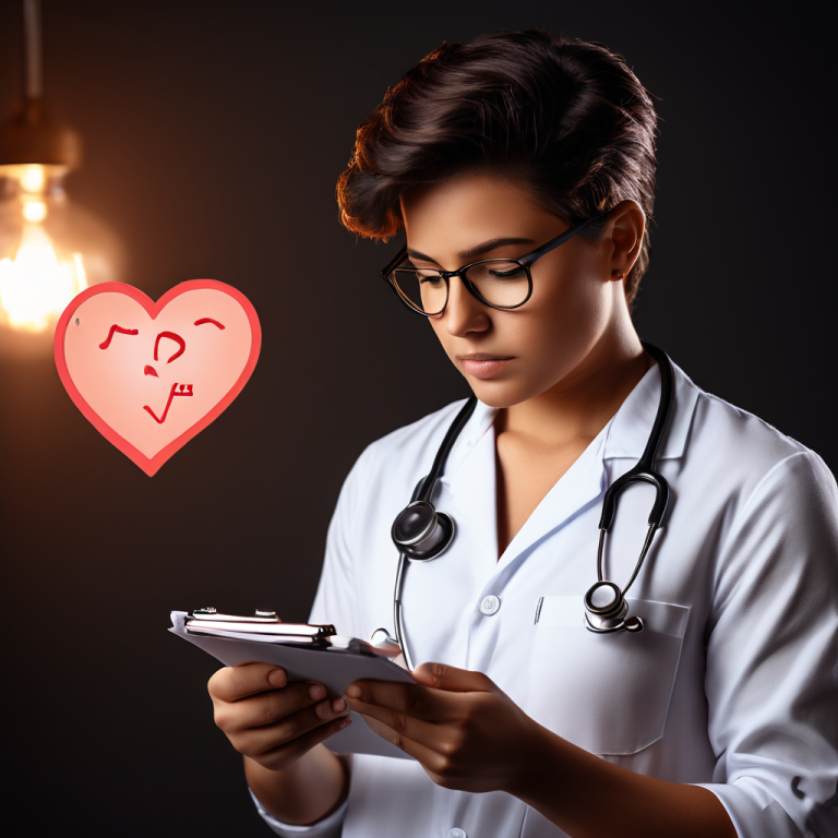 검은색 클립보드의 체크리스트를 보며 고민하는 사람 옆에 심장 모양 의료 아이콘이 놓여 있습니다.