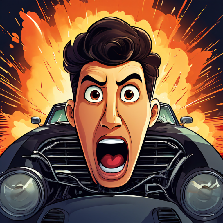 열린 자동차 후드 아래로 엔진과 커다란 만화적 느낌표가 놓여 있으며, 엔진 위에 놓인 느낌표는 과도한 소음을 상징합니다.