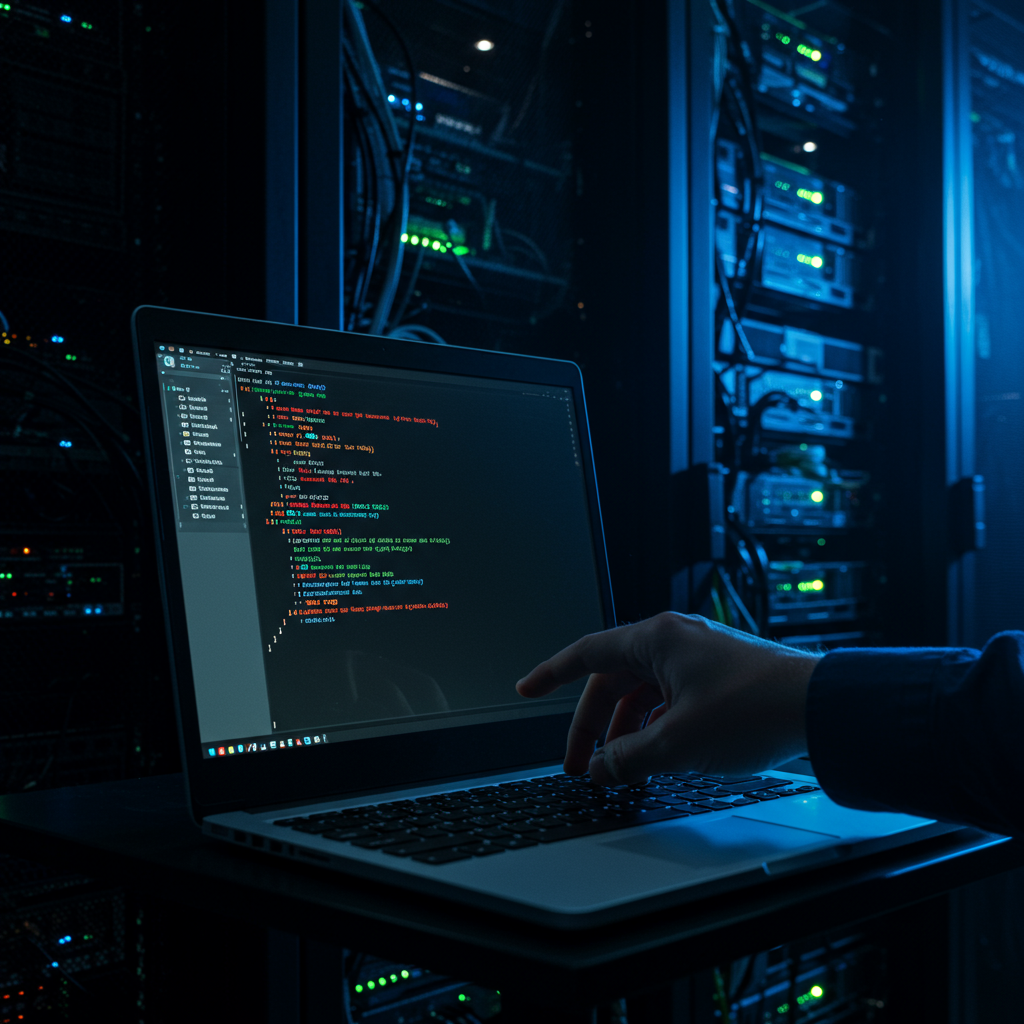 서버실에서 프로그래머가 노트북에 보안 관련 코드를 작성하며 시스템 점검을 수행하는 장면