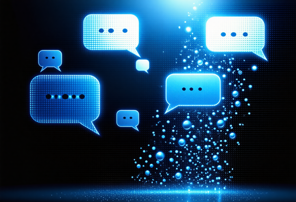 여러 말풍선 아이콘이 디지털 효과와 함께 떠 있는 온라인 채팅 및 메시지 흐름 그래픽