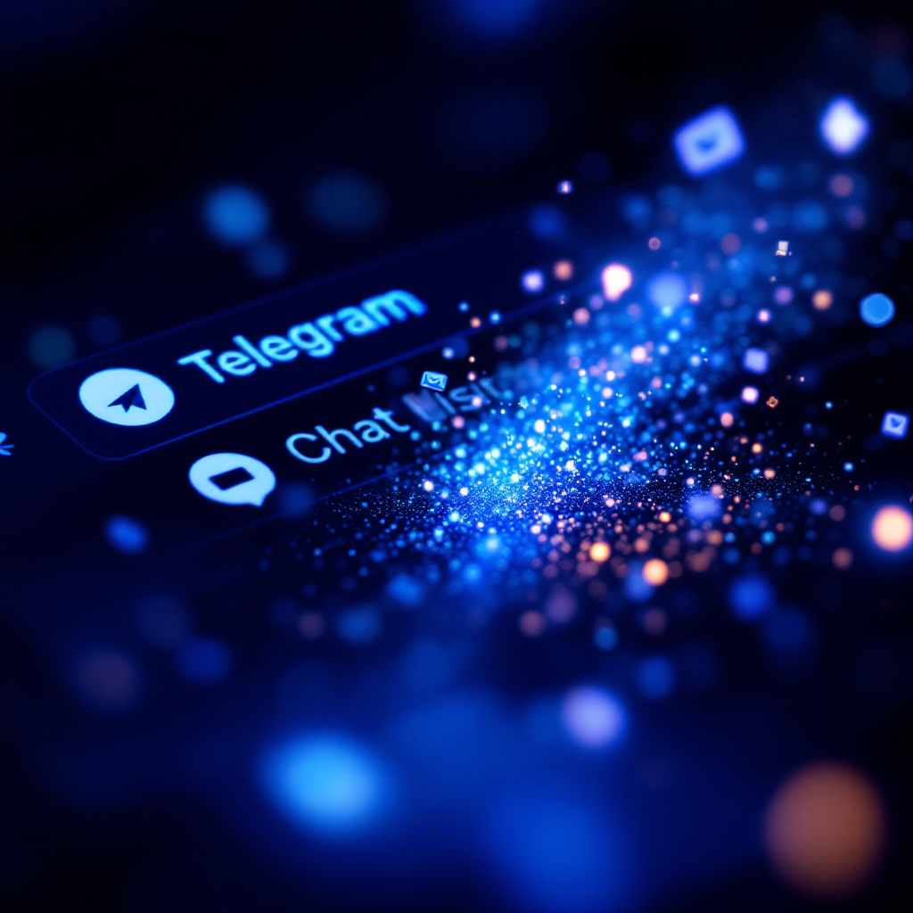 텔레그램 메시지 알림과 함께 파란색 디지털 입자가 흩날리는 통신 보안 이미지