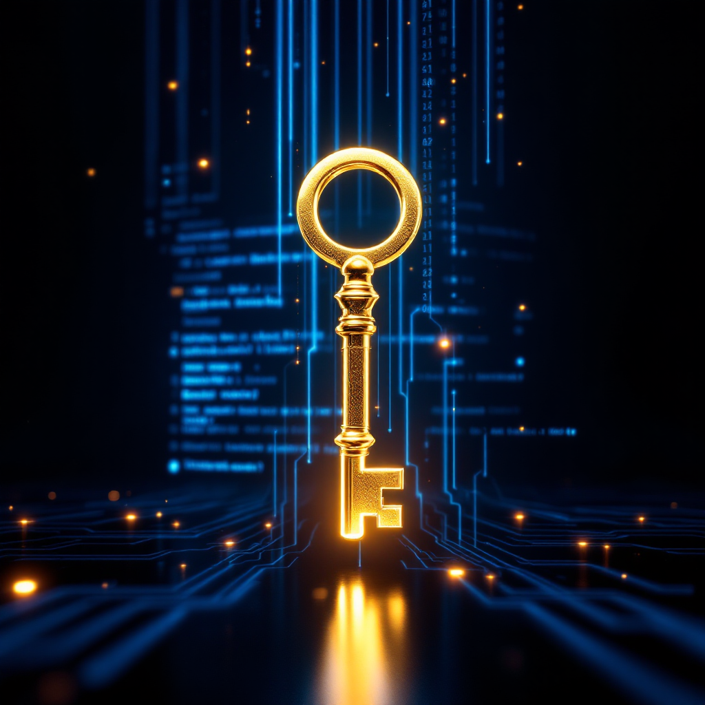 디지털 배경 위에 황금색 열쇠가 떠 있는 데이터 암호화 및 보안 키 개념 이미지
