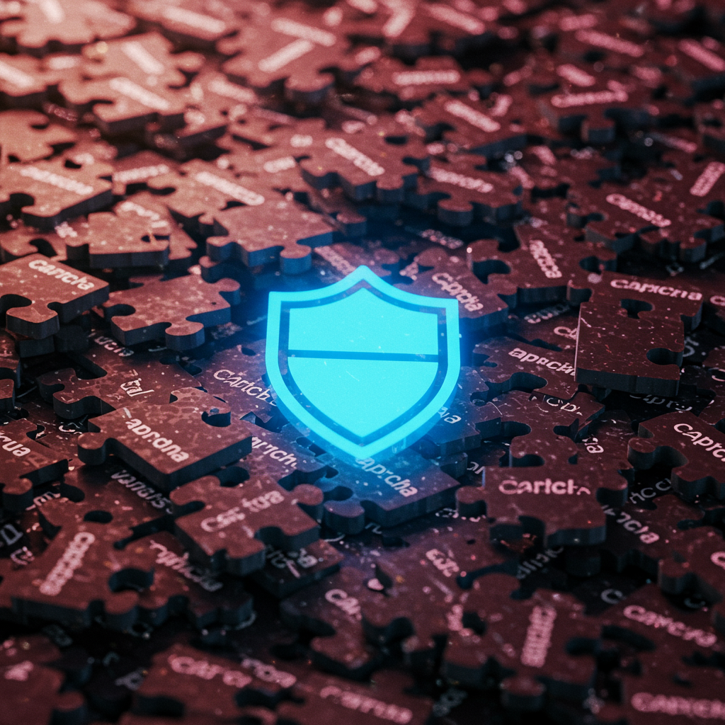 퍼즐 조각 위에 파란색 보안 방패 아이콘이 빛나는 캡차 보안 검증 개념 이미지