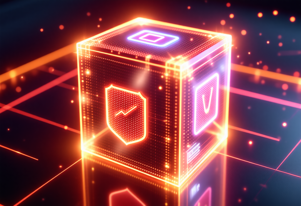 빛나는 보안 아이콘과 체크표시가 포함된 네온 스타일의 디지털 보안 박스 그래픽