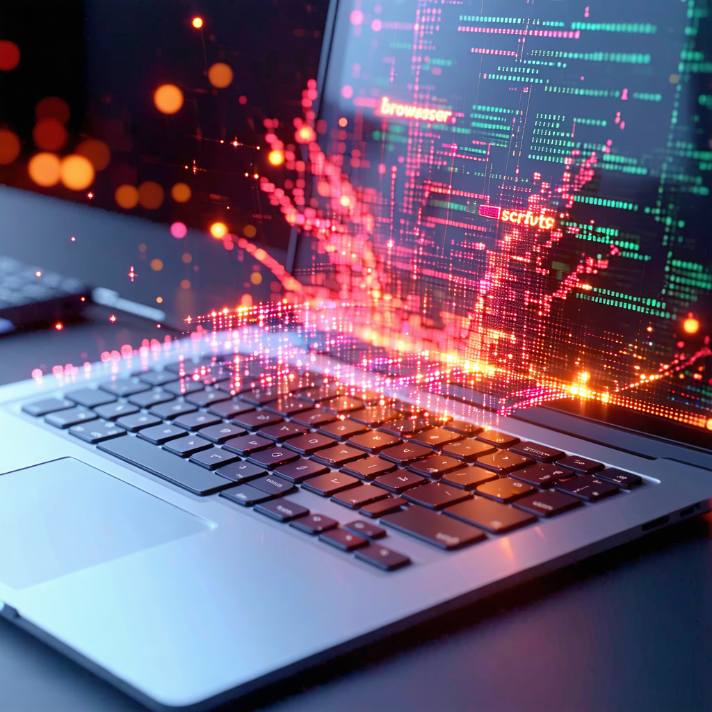 노트북 화면에서 화려한 데이터 스트림과 코드가 시각화되어 흘러나오는 사이버 공격 시각 효과